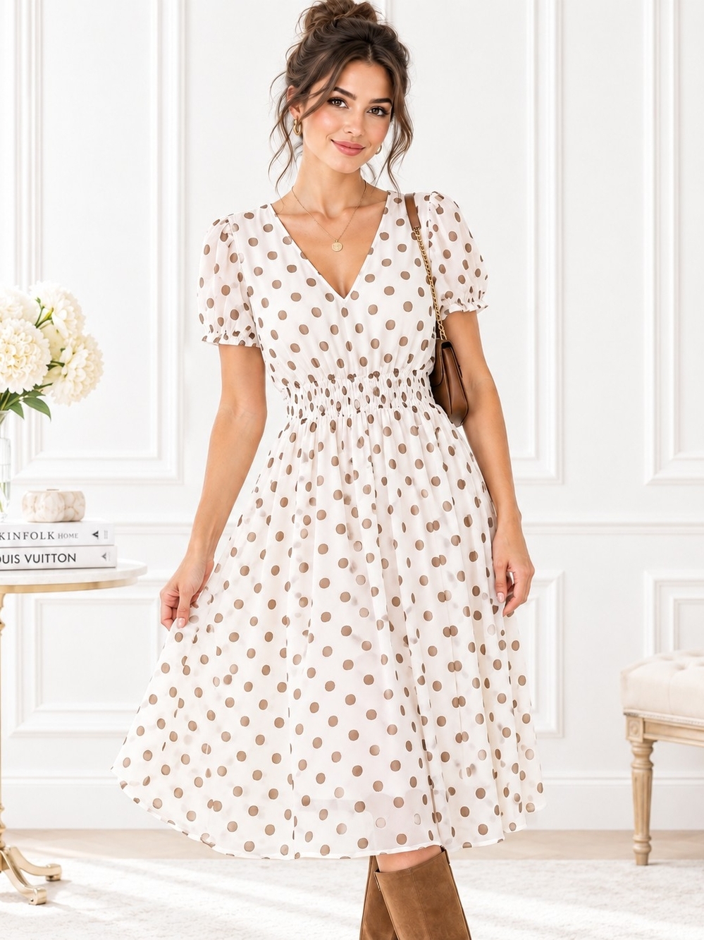 Kate & Lily Polka Dot Midi Dress Smocked Waist Puff Sleeve | Size 12